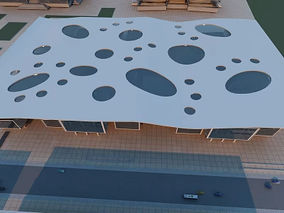Aerial View Of Unique White Roof Building With Irregular Circular Holes Brick Ground And Roads 3d model