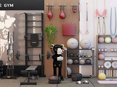 Complete Gym Sports Equipment Including Barbell Bench Exercise Balls Punching Bags Jump Ropes And Dumbbells 3d model