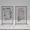 Stunning Floral Display on Black Grid Screens with Pink Green Blooms and Scattered Petals