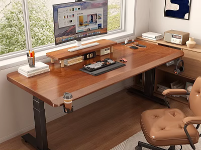 Modern Wooden Computer Desk With Monitor Stand Books Pen Holder Coffee Cup And Leather Chair 3d model