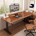 Modern Wooden Computer Desk With Monitor Stand Books Pen Holder Coffee Cup And Leather Chair