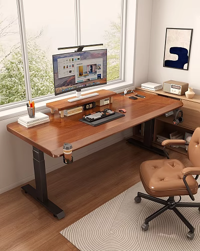 Modern Wooden Computer Desk With Monitor Stand Books Pen Holder Coffee Cup And Leather Chair 3d model