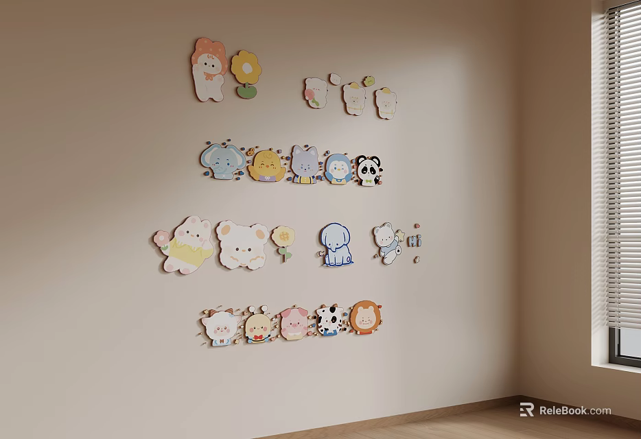 Colorful Cartoon Animal Flower Shaped Decorative Wall Hangings on Beige Wall Kids Room 3d model 