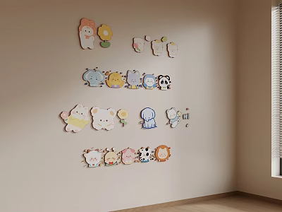 Colorful Cartoon Animal Flower Shaped Decorative Wall Hangings on Beige Wall Kids Room 3d model