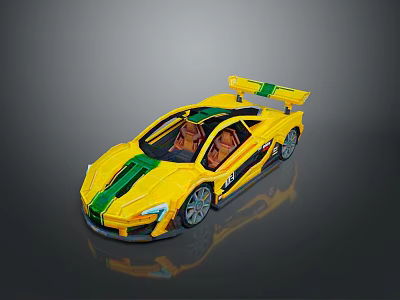 Yellow Sports Car With Green Stripes Brown Seats Rear Wing Open Top 3d model