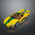 Yellow Sports Car With Green Stripes Brown Seats Rear Wing Open Top