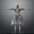 3D Warrior Character In Silver Intricate Armor With Winged Details And Outstretched Arms