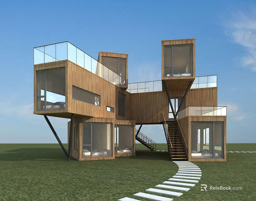 Modern Wooden Boutique Hotel Building With Glass Balconies Cube Modules Staircase And Lawn Path 3d model 