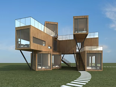Modern Wooden Boutique Hotel Building With Glass Balconies Cube Modules Staircase And Lawn Path 3d model