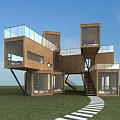 Modern Wooden Boutique Hotel Building With Glass Balconies Cube Modules Staircase And Lawn Path