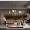 Modern Tea Room Interior Design With Wooden Walls Hanging Pendant Lights Long Table And Cushions