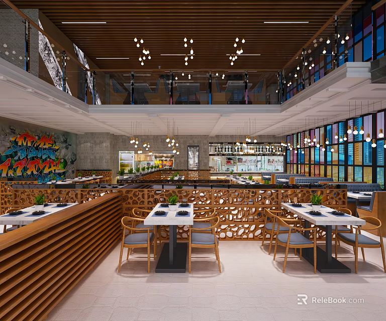 Modern Restaurant Interior With Wooden Ceiling Pendant Lights Stained Glass Windows And Dining Tables 3d model 