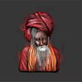 Portrait Of Elderly Man With Red Turban White Beard And Red Robe In Gray Background