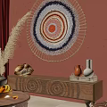 Bohemian Decorative Cabinet On Pink Wall With Round Woven Hanging Shell Decor Vases And Fruits
