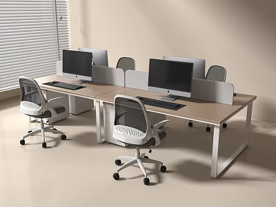 Modern Office Workstation Desk With Computer Monitors And Ergonomic Office Chairs 3d model