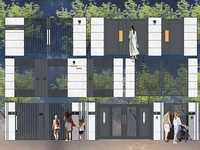 Modern Building Exterior Wall Design With White Gray Panels Metal Railings And Greenery 3d model