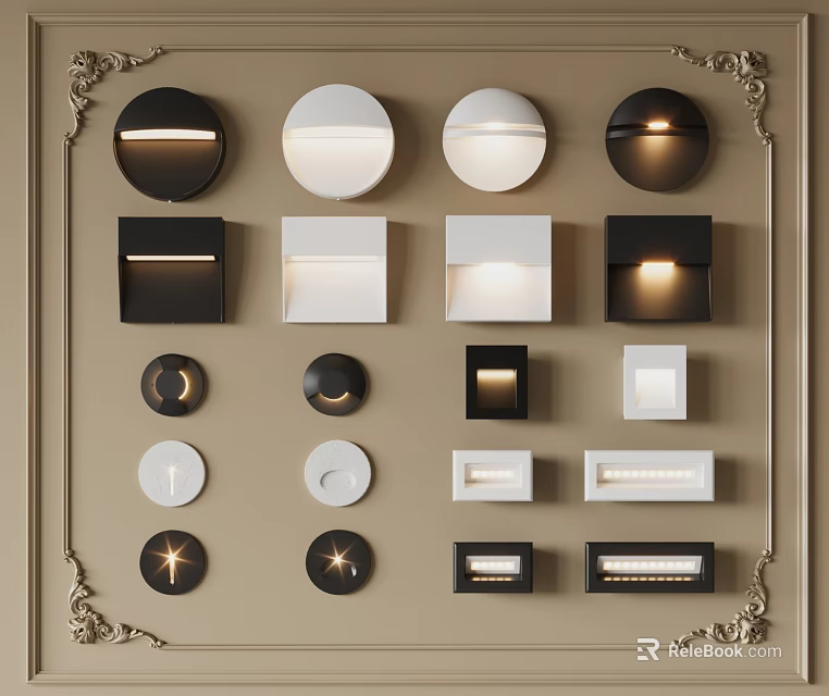 Modern Wall Lights Display Various Round Square And Rectangular Design Shapes Arranged On Decorative Wall 3d model 