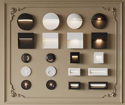 Modern Wall Lights Display Various Round Square And Rectangular Design Shapes Arranged On Decorative Wall 3d model