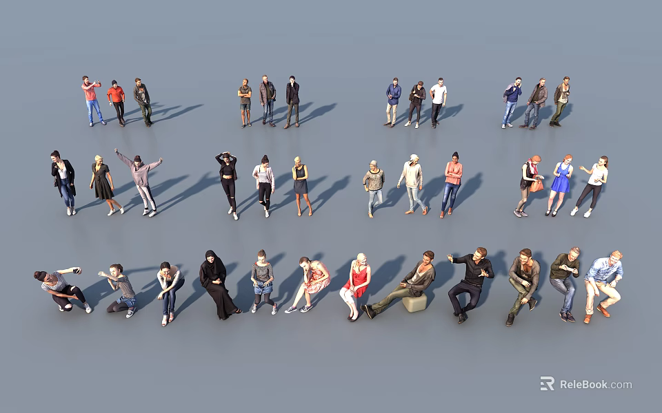 Group of Diverse People in Various Poses and Activities on Gray Background 3d model 