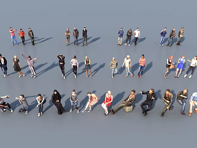Group of Diverse People in Various Poses and Activities on Gray Background 3d model