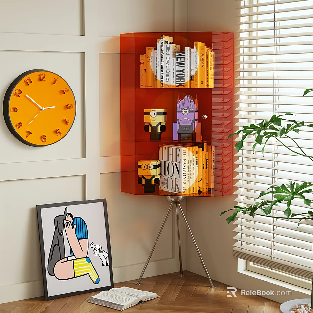 Orange Interior Shelf With Books Decorative Figures Clock Wall Art And Green Plant 3d model 