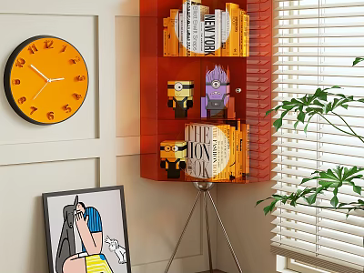 Orange Interior Shelf With Books Decorative Figures Clock Wall Art And Green Plant 3d model