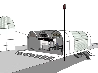 Modern Arched Glass Structure Underground Entrance With Lamp Post Steps And Waiting Area 3d model