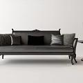 Elegant Black Carved Two-Seater Sofa With Soft Pillows And Table Lamp On Side Table 3d model