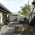 Elegant New Chinese Courtyard Landscape With Cozy Outdoor Dining Spaces And Lush Green Plants
