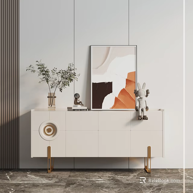 Modern Interior Console Cabinet In White With Decorative Plant Painting And Figurine 3d model 