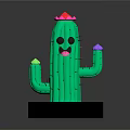 Cartoon Green Cactus With Smiling Face Red Flower And Purple Decorations In Square Green Pot
