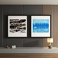 Two Abstract Paintings Wall Art With Black White Blue Line Patterns For Interior Decor 3d model