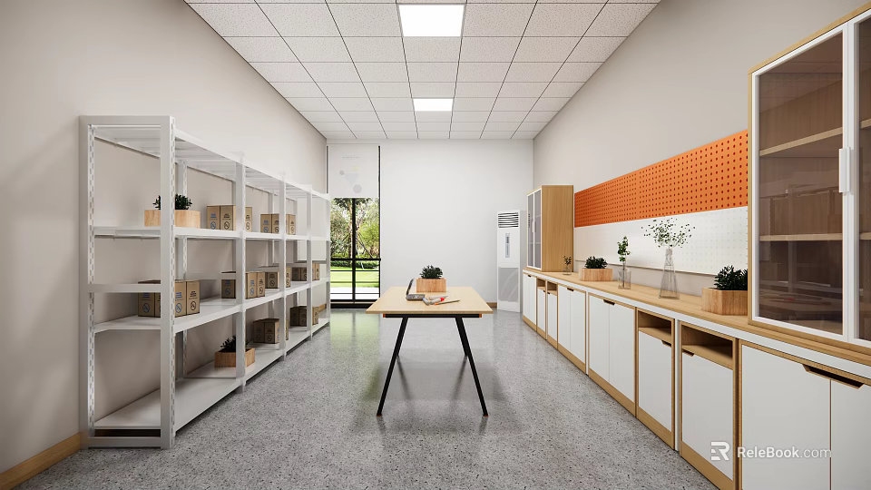 School Bright Learning Space With White Shelves Wooden Table Orange Pegboard And Green Plants 3d model 
