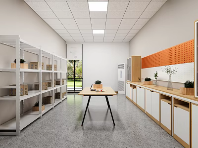 School Bright Learning Space With White Shelves Wooden Table Orange Pegboard And Green Plants 3d model