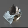 Woven Household Storage Basket With Black Pillow Patterned Fabric And Metal Handles