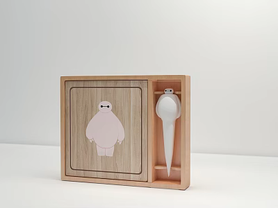Adorable Baymax Design Notebook In Decorative Wooden Box With White Pen 3d model
