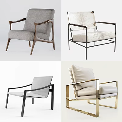 Modern Armchairs with Wooden and Metal Frames in Gray and Beige Fabric 3d model