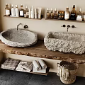 Natural Stone Washbasins On Wooden Countertop With Toiletries Shelves And Towels