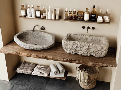 Natural Stone Washbasins On Wooden Countertop With Toiletries Shelves And Towels 3d model