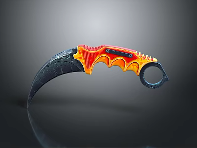 Karambit Tactical Weapon with Orange Red Textured Handle and Black Curved Blade 3d model