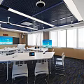Modern Classroom Interior With Blue Ceiling White Tables Chairs And Screens
