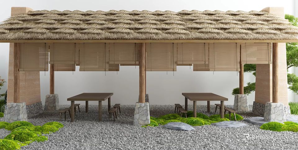 Garden Pavilion With Thatched Roof Wooden Tables And Chairs On Gravel Ground Green Plants 3d model 