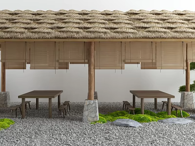 Garden Pavilion With Thatched Roof Wooden Tables And Chairs On Gravel Ground Green Plants 3d model