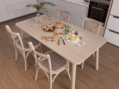 Light Colored Dining Table Set With Rattan Chairs And Food Plants In Kitchen 3d model