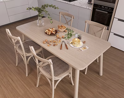 Light Colored Dining Table Set With Rattan Chairs And Food Plants In Kitchen 3d model