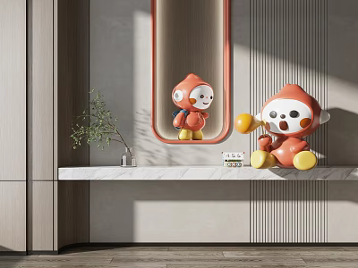 Red Cartoon Sculpture With Yellow Elements Mirror Reflection On White Countertop And Background Wall 3d model