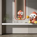 Red Cartoon Sculpture With Yellow Elements Mirror Reflection On White Countertop And Background Wall