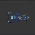 Blue and Beige Water Transport Vessel Featuring Orange Robotic Arm Radar Antenna and Red Propulsion