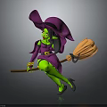 Green Skinned Witch Wearing Purple Hat And Outfit Riding Broomstick With Orange Head