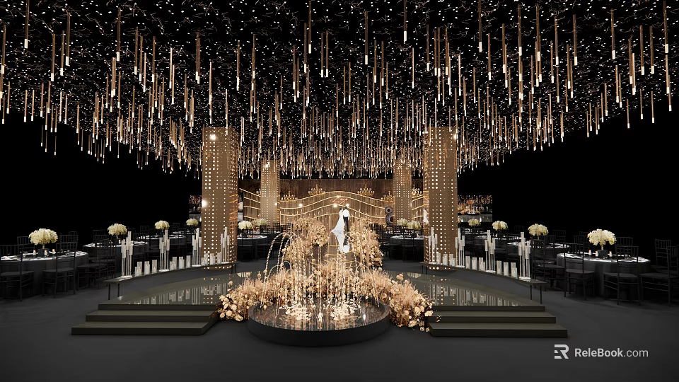Gorgeous Banquet Hall With Hanging Golden Chandeliers Round Stage Floral Decor And Ambient Lighting 3d model 